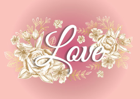 Romantic floral background with hand lettering Love. Vector illustration.のイラスト素材