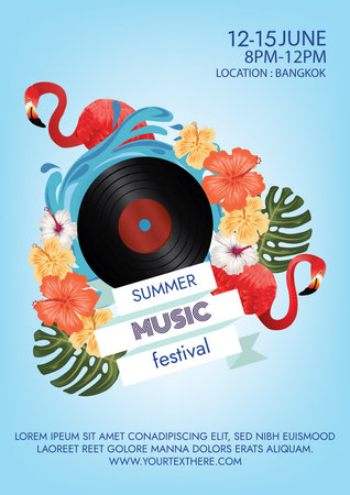 Summer music festival poster with flamingo and tropical leaves and flowers. Vector illustration.のイラスト素材