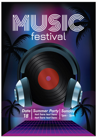 Music festival poster design with vinyl record and palm trees. Vector illustration.のイラスト素材