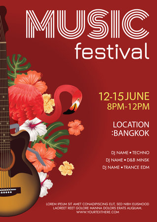 Summer music festival poster with guitar tropical flowers and flamingo. Vector illustration.のイラスト素材