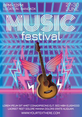 music festival poster with guitar and wings in retro style vector illustrationのイラスト素材