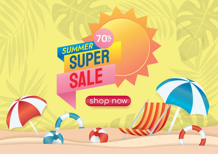 Summer sale banner template design with beach elements vector illustration.のイラスト素材