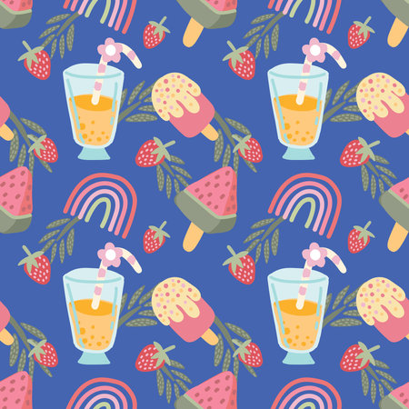 Seamless pattern with ice cream, watermelon and rainbow.のイラスト素材