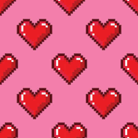 pixel hearts valentine day elements wrapping paper seamless patternのイラスト素材