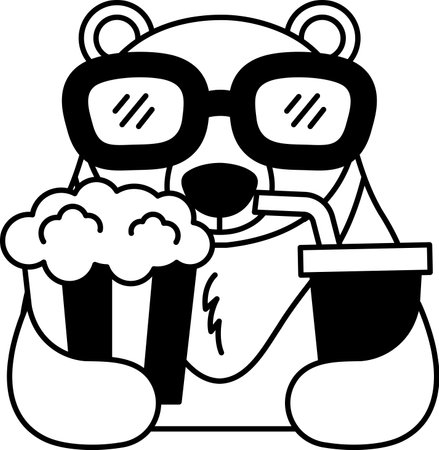 isolate black and white illustration of Bear with 3D glasses holding popcorn and sodaのイラスト素材