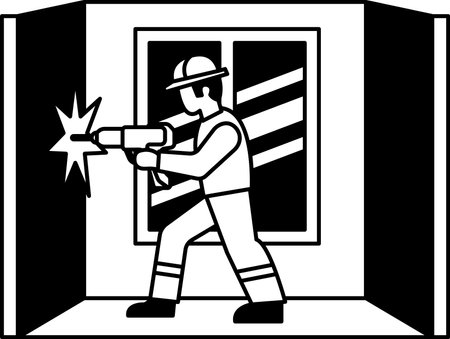 black and white illustration of Technician using a drillのイラスト素材
