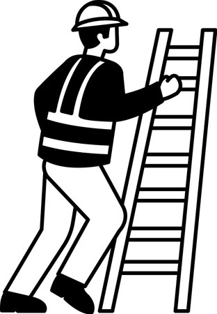 black and white flat icon vector of Technician climbing ladderのイラスト素材