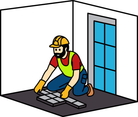 illustration of The tile setter is laying tiles on the floorのイラスト素材