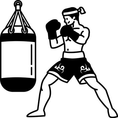 black and white Muay Thai boxer punching a sandbagのイラスト素材