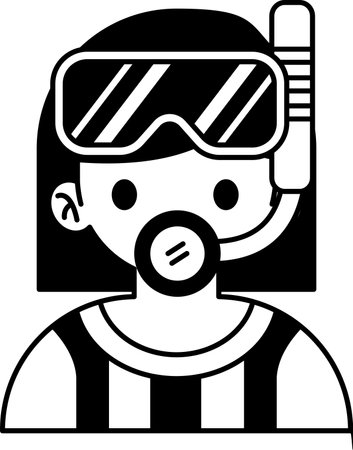 black and white illustration of a girl wearing a snorkel maskのイラスト素材