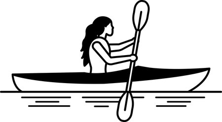 black and white illustration of a woman paddling a kayakのイラスト素材