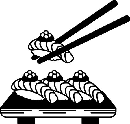 black and white illustration of salmon sushi with chopsticksのイラスト素材