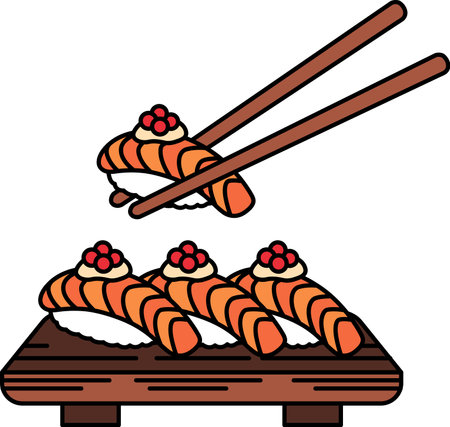 illustration of salmon sushi with chopsticksのイラスト素材