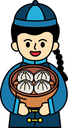 A boy holding a steamed bun basketのイラスト素材