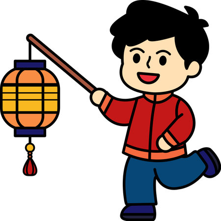 A boy holding a chinese lanternのイラスト素材