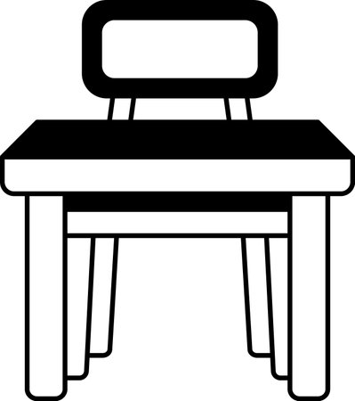black and white illustration of a wooden desk with a chairのイラスト素材