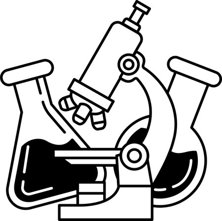 black and white illustration of a microscope with a test tube and a beakerのイラスト素材