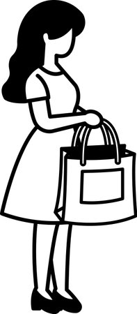 black and white illustration a woman holding a shopping bagのイラスト素材