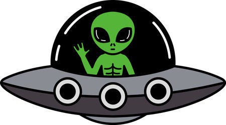 A green alien is sitting inside a spaceship