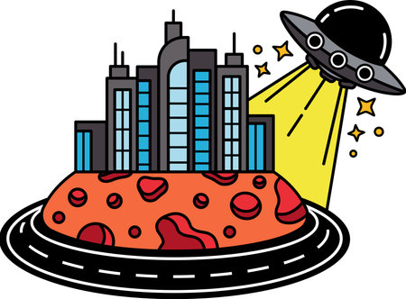 a city with a UFO flying over itのイラスト素材