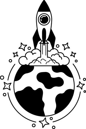 black and white illustration of a rocket is launching into space from the earthのイラスト素材