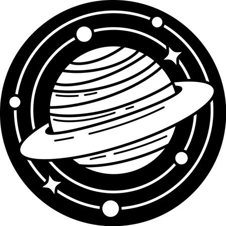 black and white illustration of a planet with surround by starry skyのイラスト素材