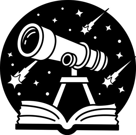 black and white illustration of a telescope is on a bookのイラスト素材