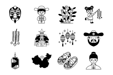 black and white illustration of chinese tradition culture icons collectionのイラスト素材