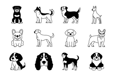 Collection of black and white illustrations of various dog breedsのイラスト素材