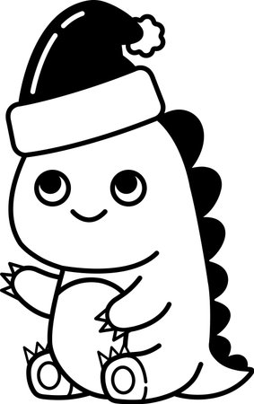 black and white isolated illustration of a cute dinosaur character wearing a santa hatのイラスト素材