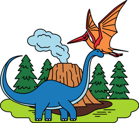 isolated illustration of a volcano surrounded by two dinosaursのイラスト素材
