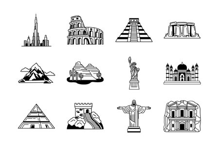 black and white illustration of Famous tourist attractions landmark in the worldのイラスト素材