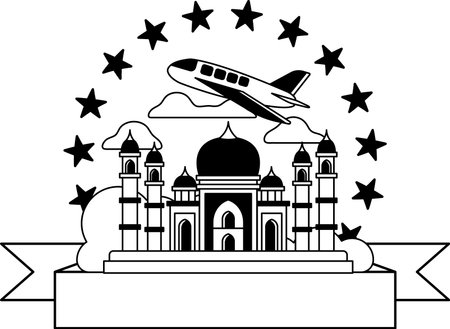 black and white logotype of Airplane and the Taj Mahalのイラスト素材