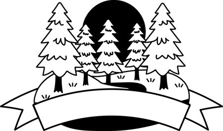 black and white logotype of a forest with a sunのイラスト素材