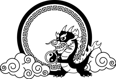 black and white logotype of a dragon is holding a yin yang with a circle badgeのイラスト素材