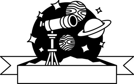 black and white logotype of a telescope with planetsのイラスト素材