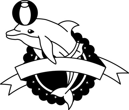 black and white logotype of A cartoon dolphin is holding a beach ballのイラスト素材