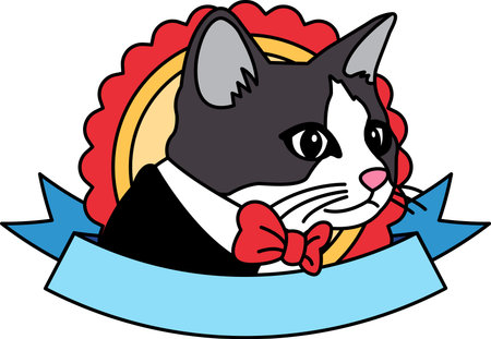 logotype of A cat wearing a suit and tie with a red bow tieのイラスト素材
