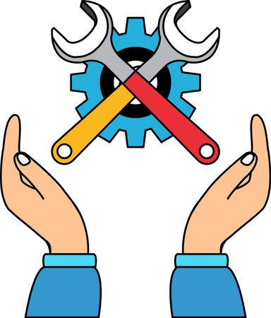 A pair of hands holding a wrench and a gearのイラスト素材