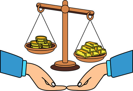 two hands are holding and a scale with gold and coinsのイラスト素材