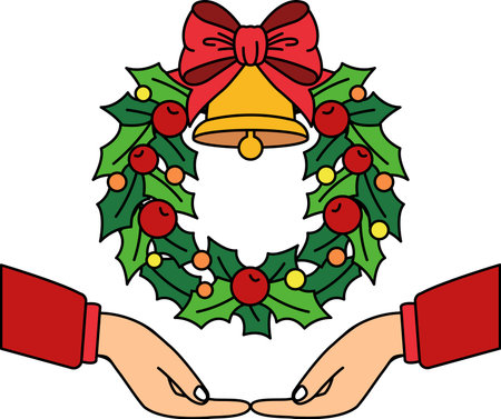 two hand holding a christmas wreath with a bellのイラスト素材