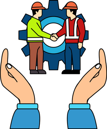 Two men shaking hands with a gearのイラスト素材