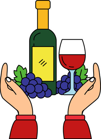 A pair of hands holding a bottle of wine and a glass of wineのイラスト素材