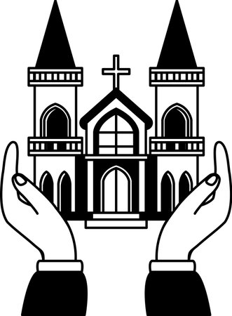 black and white illustration of A pair of hands holding a churchのイラスト素材