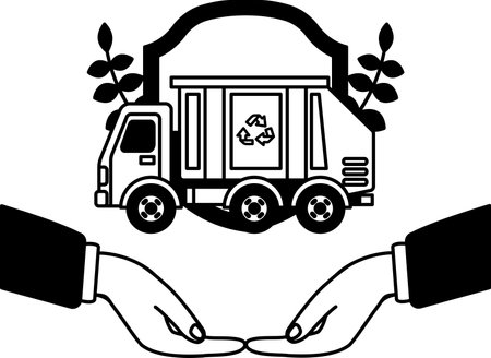 black and white illustration of two hands holding a garbage truckのイラスト素材