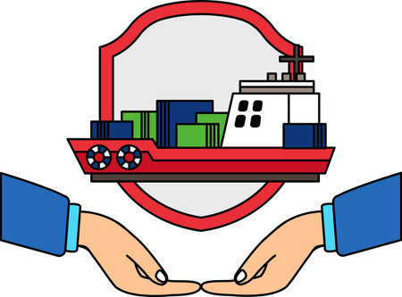 two hands holding a cargo ship in front of the shieldのイラスト素材