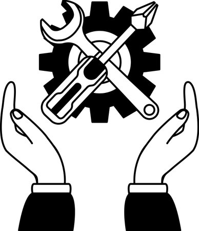 black and white illustration of A pair of hands holding a wrench and a screwdriverのイラスト素材