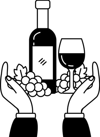 black and white illustration of A pair of hands holding a bottle of wine and a glass of wineのイラスト素材