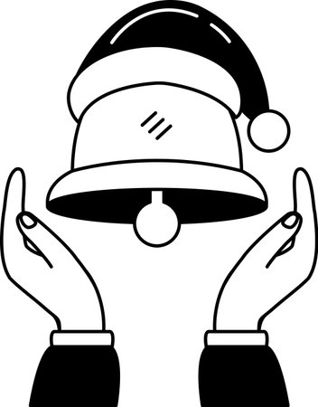 black and white illustration of A pair of hands holding a christmas bell in santa hatのイラスト素材