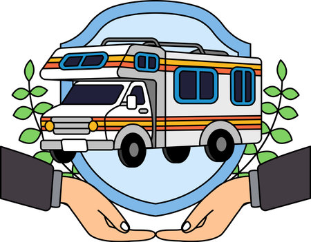 two hand holding a shield and a camper vanのイラスト素材